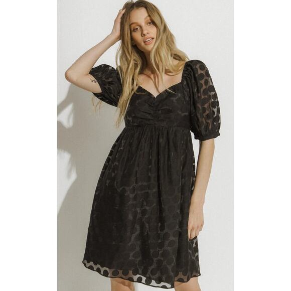 English Factory-black Dotted XS Sweetheart NeckPuff Sleeve Smocked Mini Dress - Picture 1 of 15